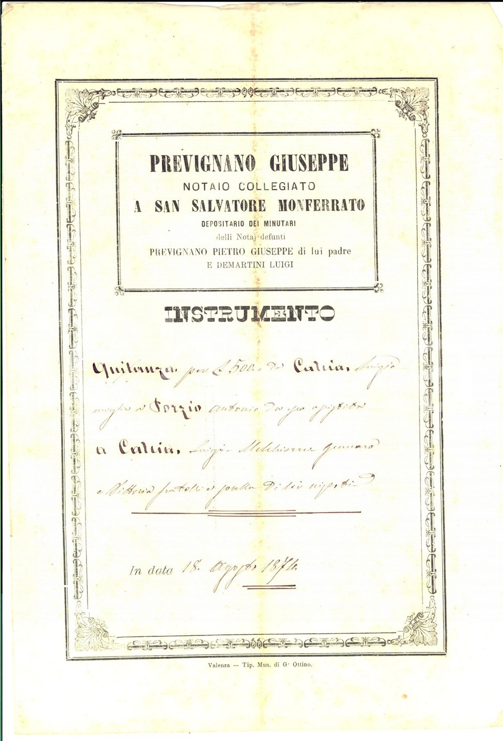 Documento originale, autentico 1874 SAN SALVATORE MONFERRATO Quietanza di Luigia CALCIA PORZIO su prestito 1