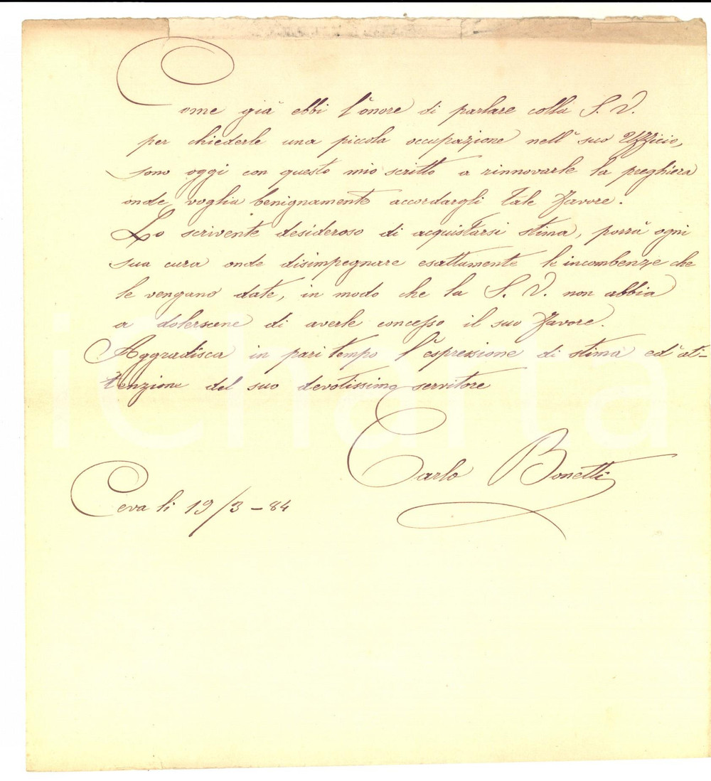 Manoscritto, lettera originale 1884 CEVA (CN) Carlo BONETTI chiede un impiego al geometra GARRONE *Lettera 1