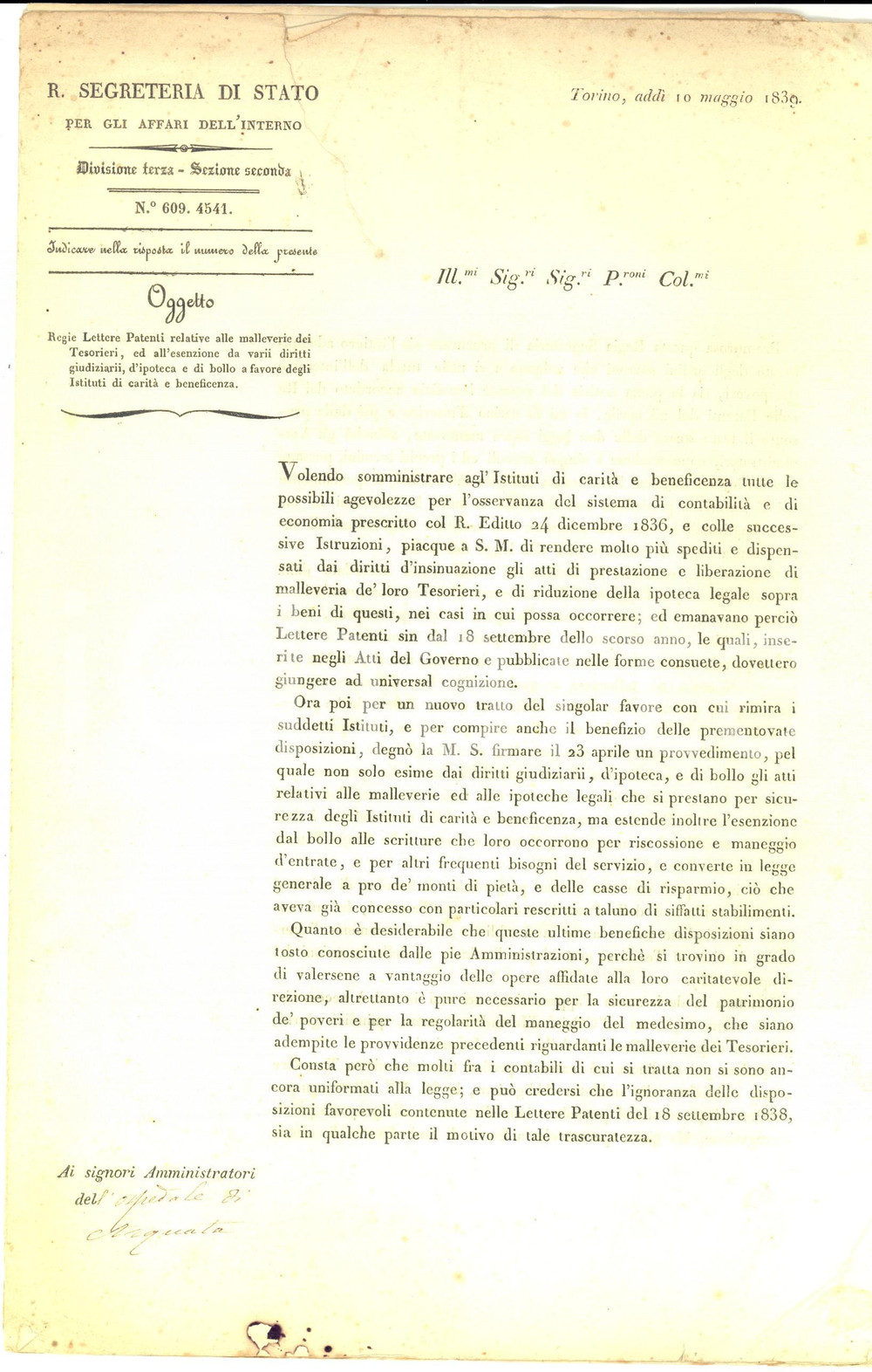 1830 TORINO Regie Lettere Patenti su malleverie tesorieri pro istituti di carità