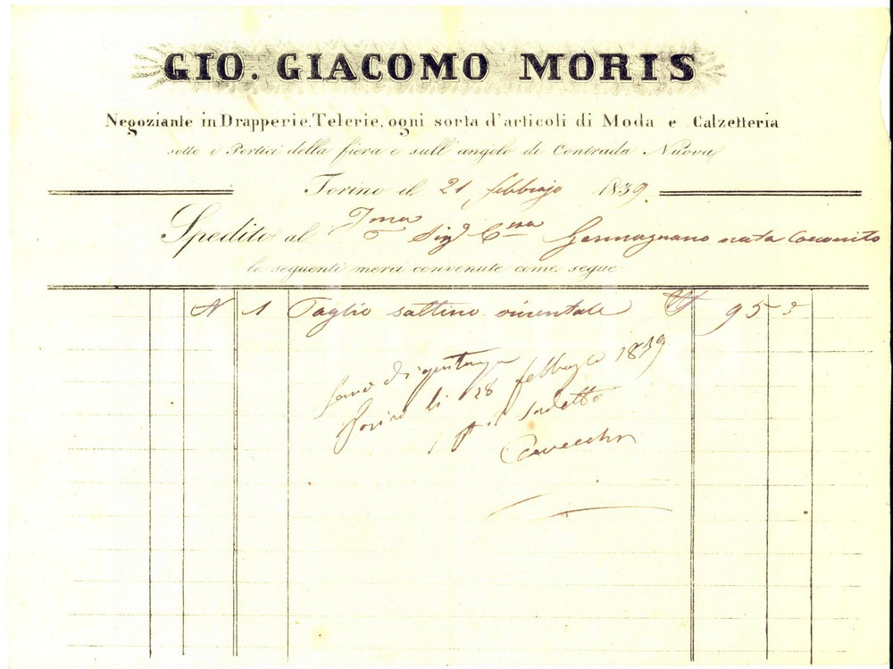 Documento originale, autentico 1839 TORINO Giovanni Giacomo MORIS Drapperie, moda e calzetteria Fattura 1