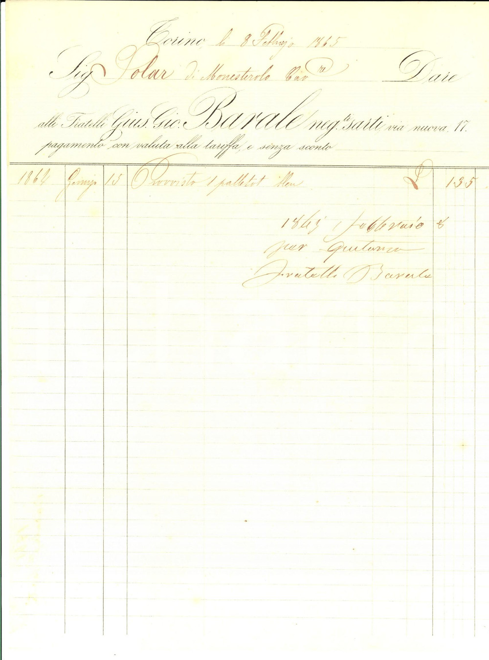Documento originale, autentico 1865 TORINO Fratelli Giuseppe e Giovanni BARALE Negozianti sarti Fattura 1