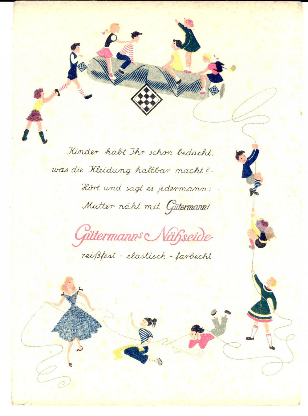 Materiale pubblicitario d’epoca 1950 ca GUTERMANN'S Nahseide - Cartoncino PUBBLICITARIO ILLUSTRATO 15x20 1