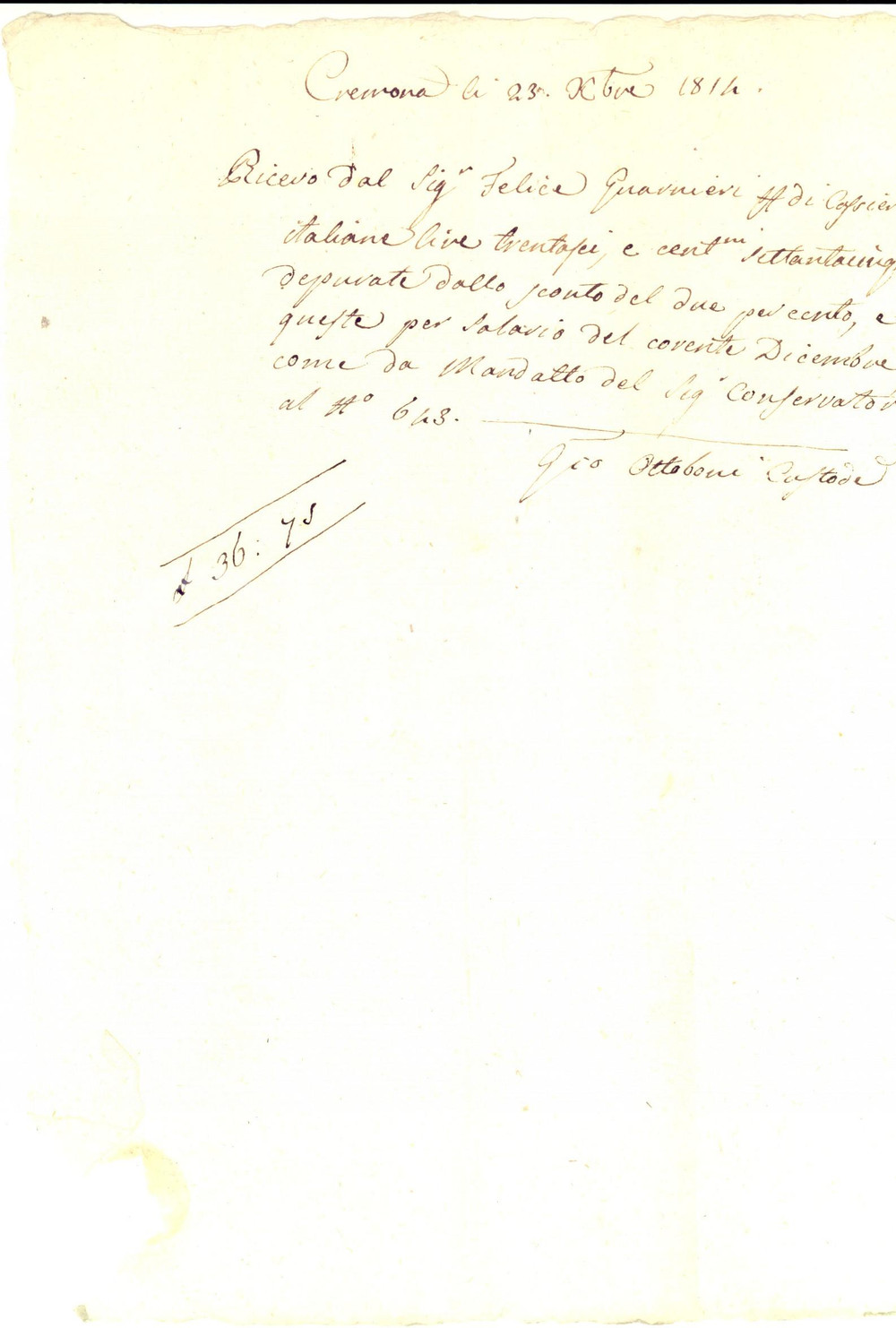 Documento originale, autentico 1814 CREMONA Ricevuta custode Giovanni OTTOBONI per salario mensile *Manoscritto 1