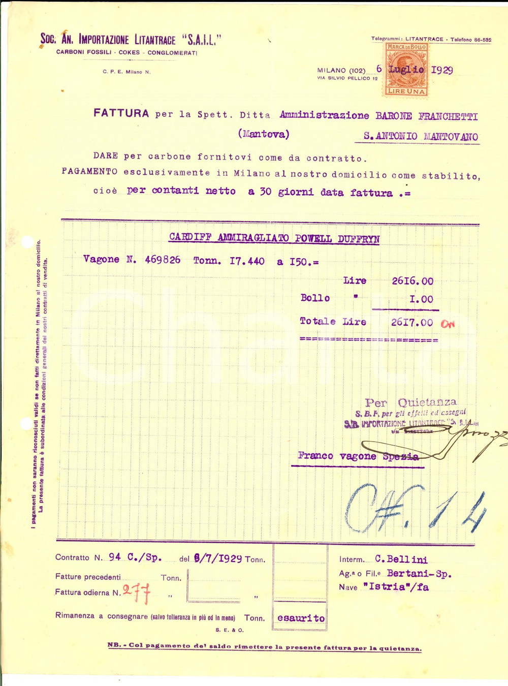 Documento originale, autentico 1929 MILANO SocietÃ  Anonima Importazione Litantrace SAIL *Fattura per Cardiff 1