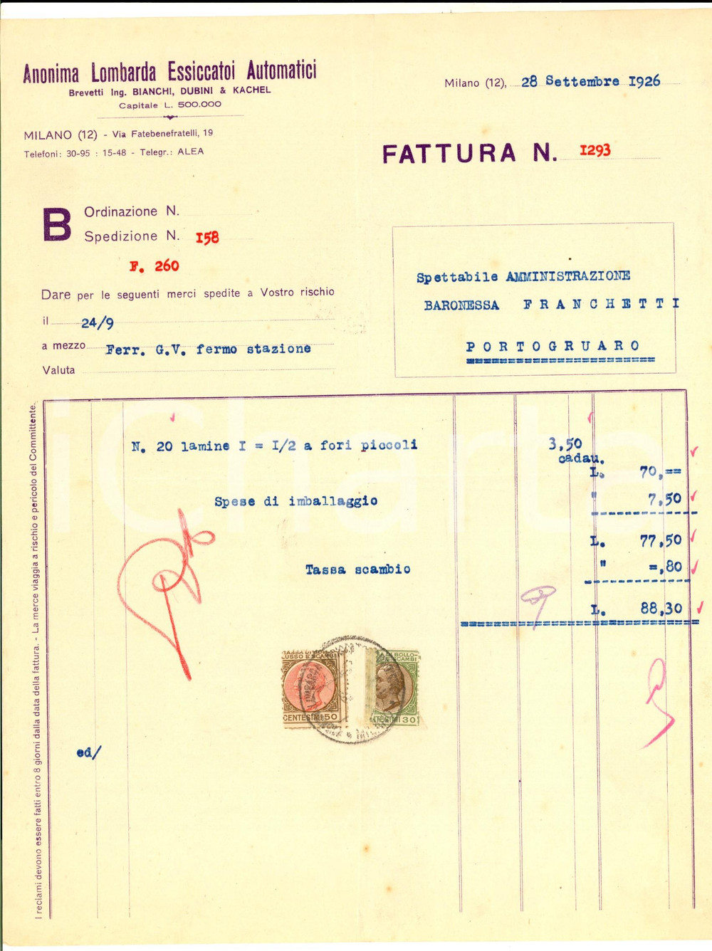Documento originale, autentico 1926 MILANO Via Fatebenefratelli 19  Anonima Lombarda Essiccatoi Fattura 1