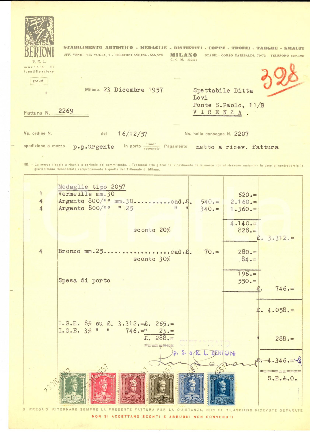 Documento originale, autentico 1957 MILANO  Stabilimento artistico BERTONI medaglie Fattura con bolli 1