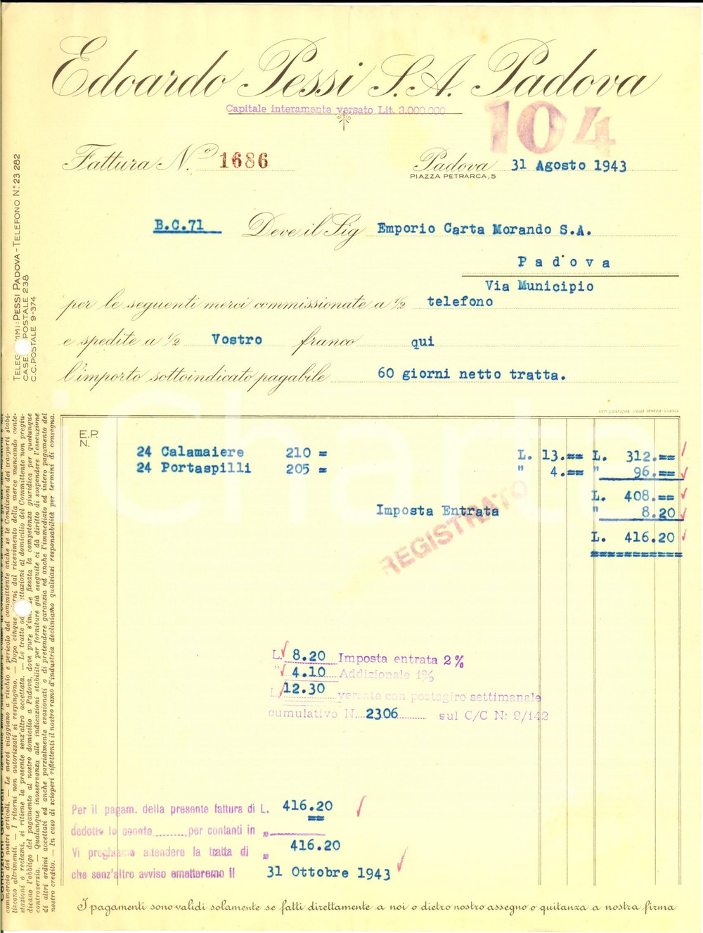 Documento originale, autentico 1943 PADOVA Ditta EDOARDO PESSI Inchiostri *Fattura intestata per calamaiere 1