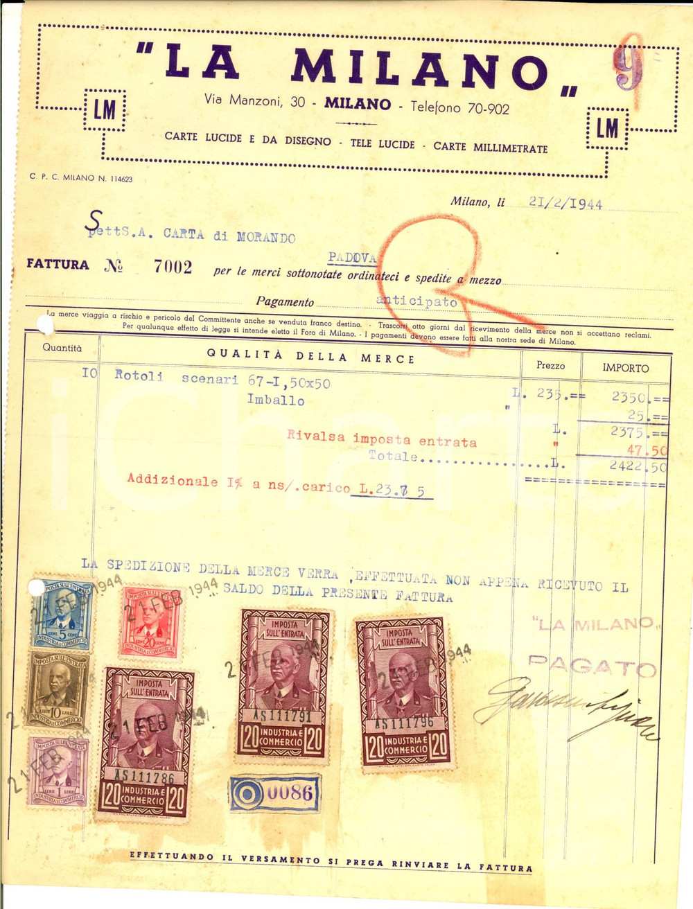 Documento originale, autentico 1944 MILANO Ditta LA MILANO Carte lucide e da disegno *Fattura intestata bolli 1
