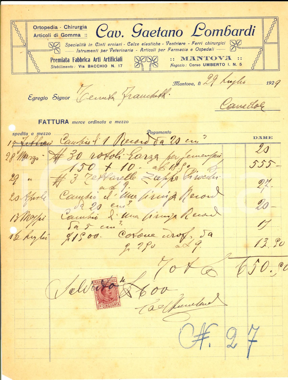 Documento originale, autentico 1929 MANTOVA Gaetano LOMBARDI Ortopedia - chirurgia *Fattura intestata con bollo 1