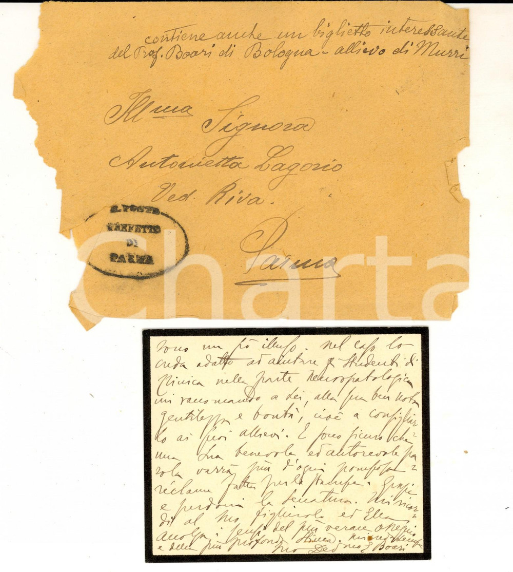 Autografo originale 1900 ca BOLOGNA Emilio BOARI invia opera al prof. Alberto RIVA *AUTOGRAFO 1