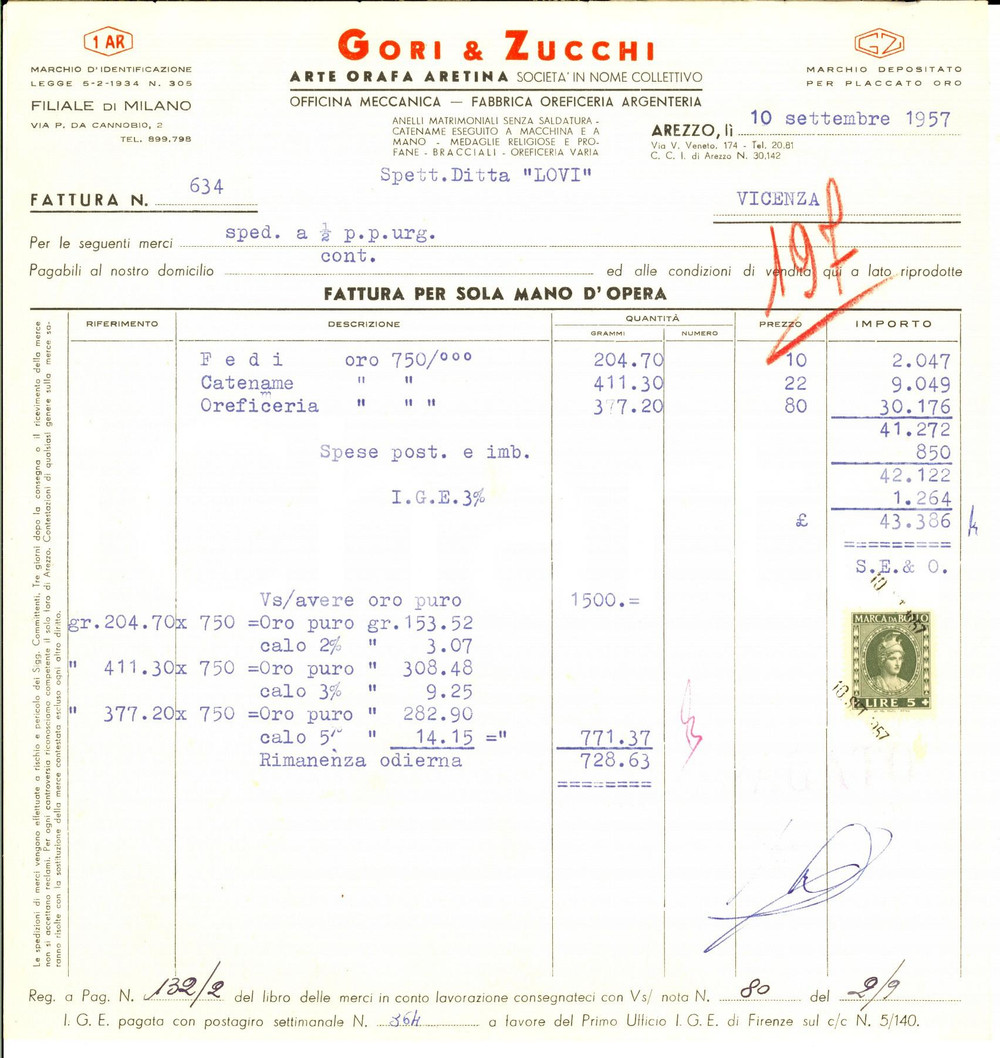 Documento originale, autentico 1957 AREZZO Arte orafa GORI & ZUCCHI Fattura fedi e catename oreficeria 1