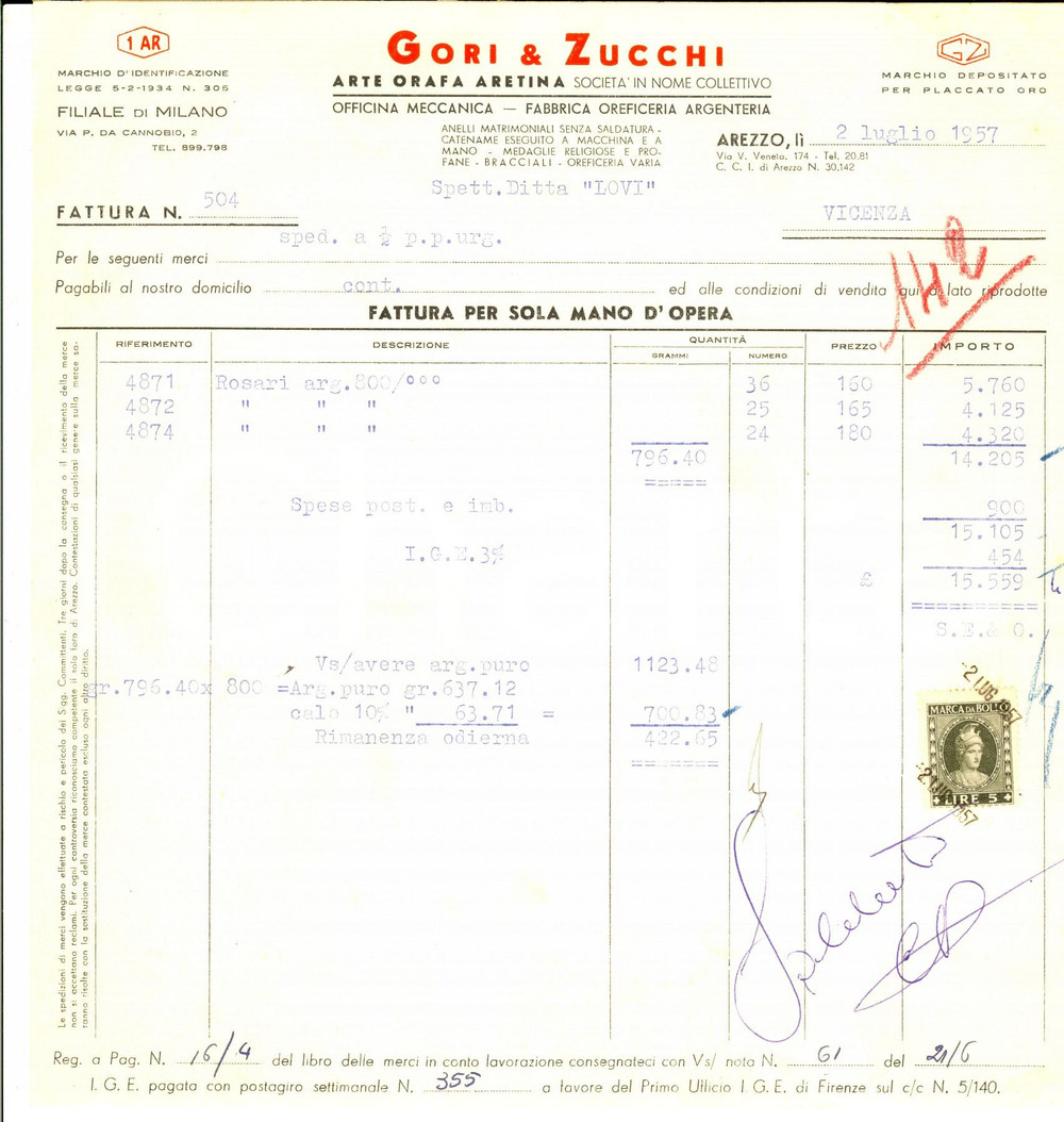 Documento originale, autentico 1957 AREZZO Arte orafa GORI & ZUCCHI Fattura per rosari oreficeria 1