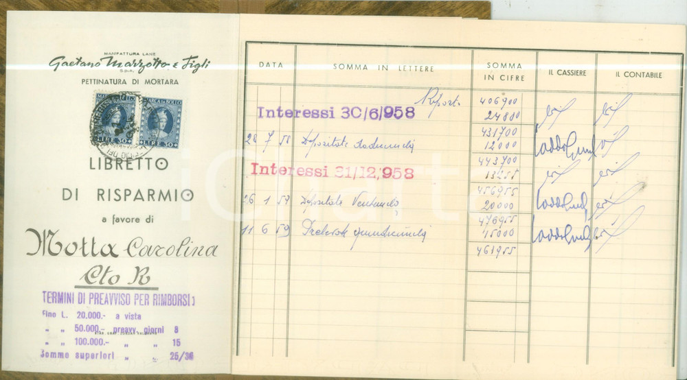 Oggetto da collezione cartaceo 1954-1959 MORTARA Libretto risparmio Carolina MOTTA Lane MARZOTTO 1