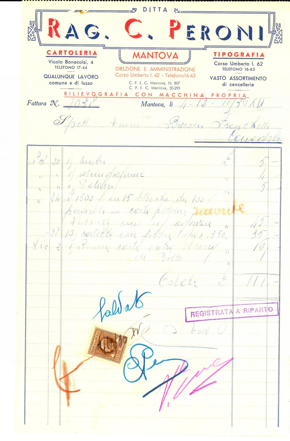 Documento originale, autentico 1936 MANTOVA Ditta rag. Celestino PERONI cartoleria Fattura intestata 1