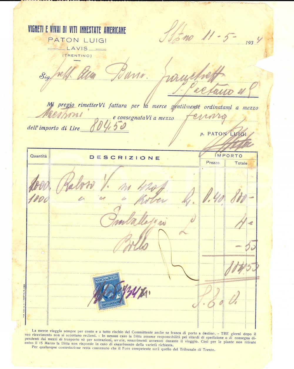 Documento originale, autentico 1934 LAVIS TN Ditta Luigi PATON Vigneti e vivai di viti americane Fattura 1