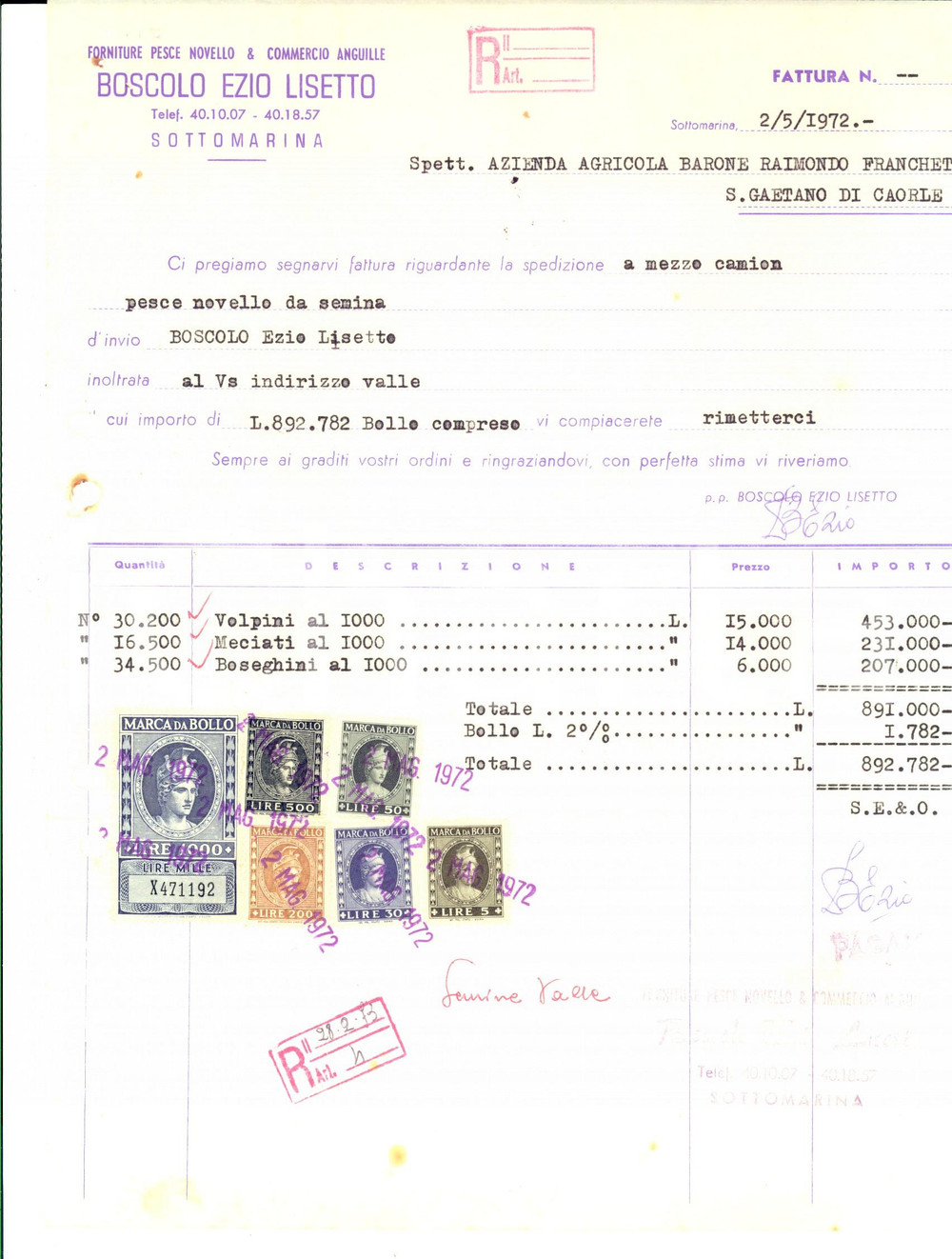 Documento originale, autentico 1972 SOTTOMARINA VE BOSCOLO Ezio Lisetto  Commercio anguille Fattura 1