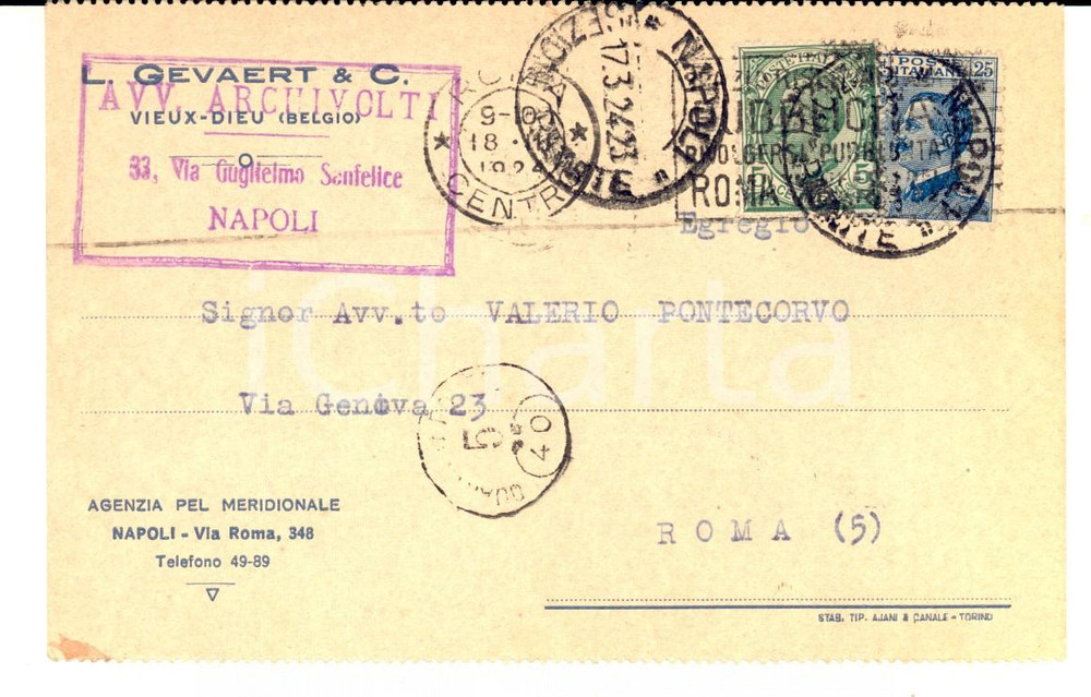 Oggetto da collezione cartaceo 1924 STORIA POSTALE VIEUXDIEU B Cartolina L. GEVAERT & C. Michetti c. 25 + 5 1