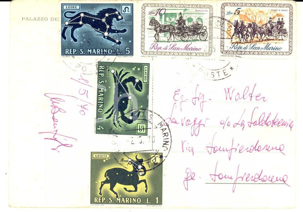 Cartolina originale da collezione 1970 STORIA POSTALE SAN MARINO Cartolina affrancata serie ZODIACO + CARROZZE 1