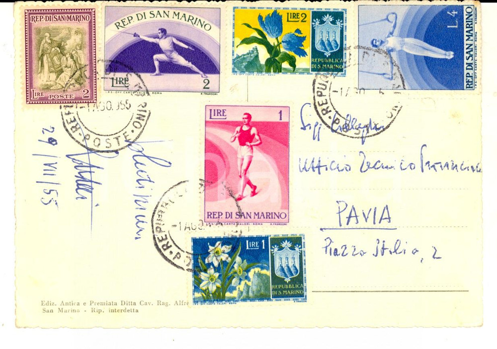 Cartolina originale da collezione 1955 STORIA POSTALE SAN MARINO Cartolina affrancata serie SPORT + FIORI 1