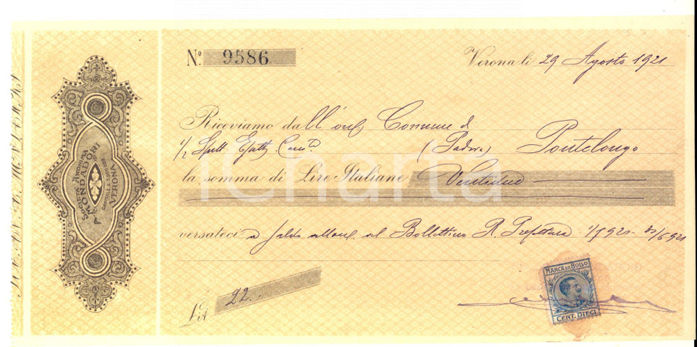 Oggetto da collezione cartaceo 1921 VERONA SocietÃ  Anonima A. MONDADORI - Ricevuta pubblicitaria 1