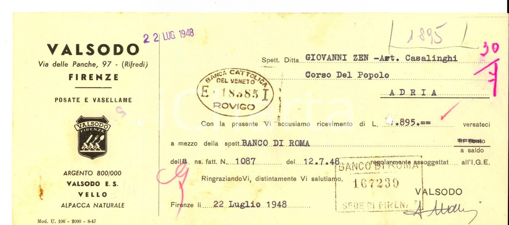 Documento originale, autentico 1948 FIRENZE Posate e vasellame VALSODO Ricevuta pubblicitaria BANCO DI ROMA 1