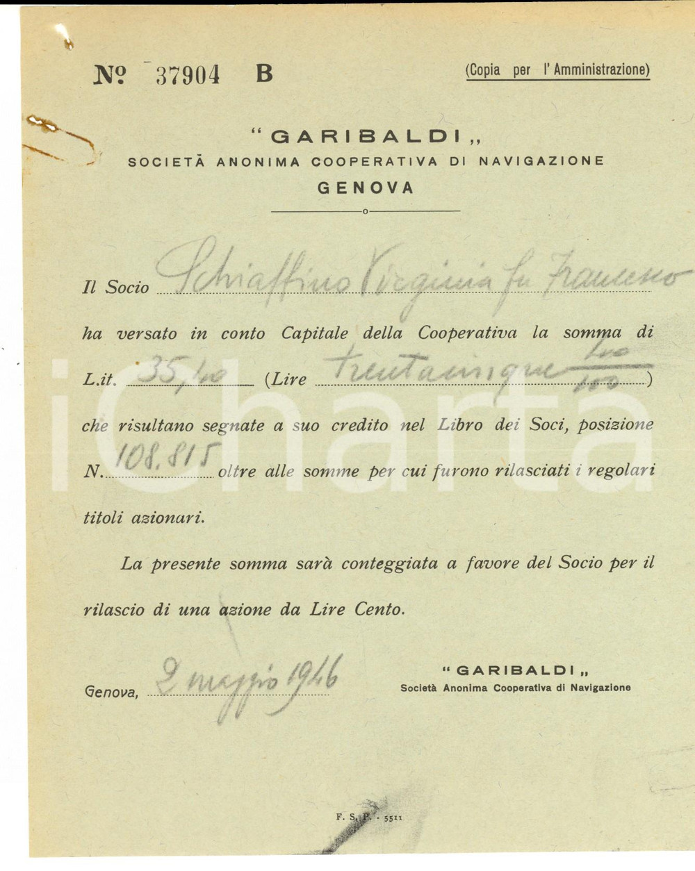 Documento originale, autentico 1946 GENOVA Società  GARIBALDI Ricevuta versamento socia Virginia SCHIAFFINO 1