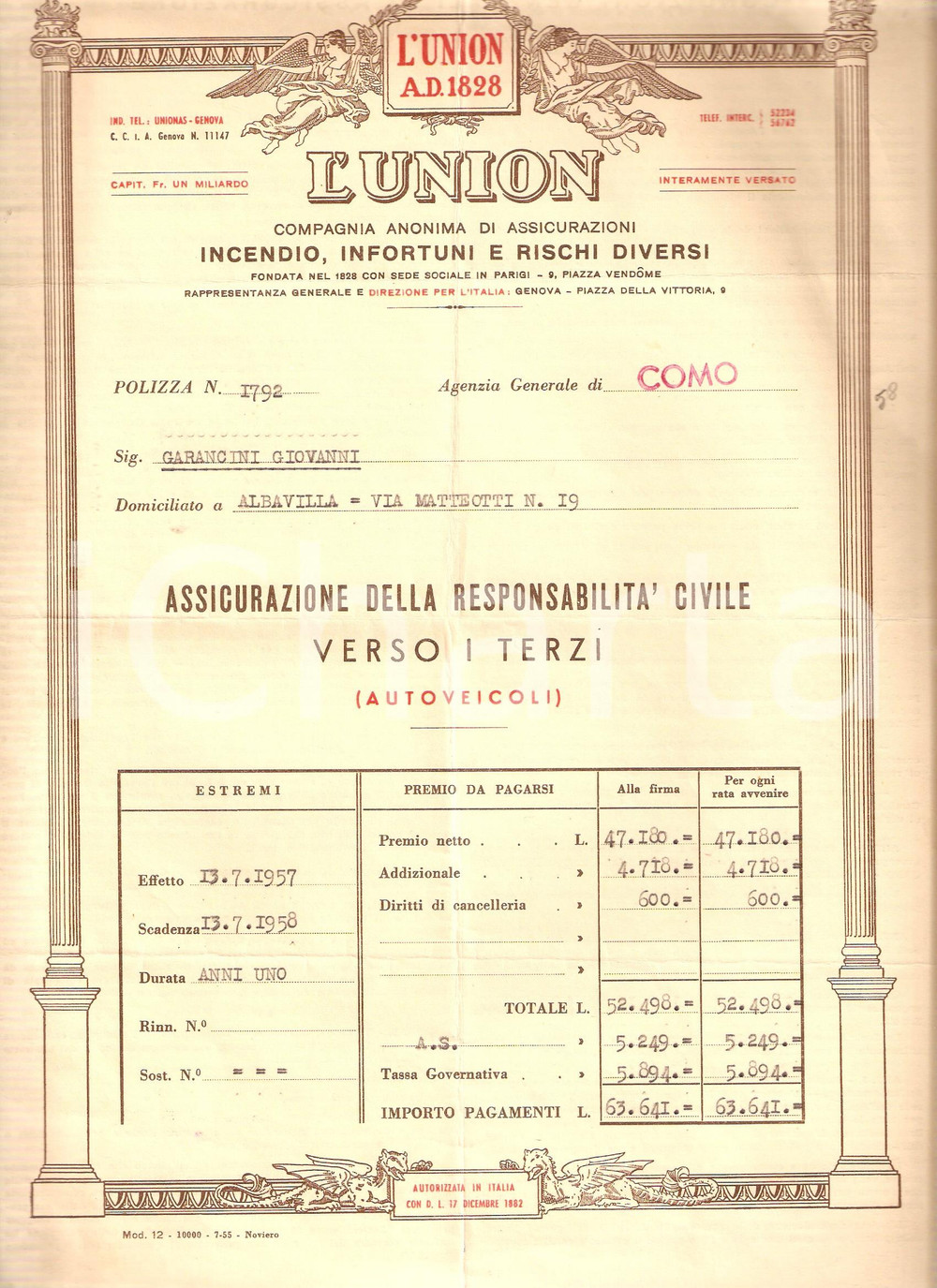 Oggetto da collezione cartaceo 1957 COMO Compagnia anonima assicurazioni L'UNION Polizza per auto 24 x 32 cm 1
