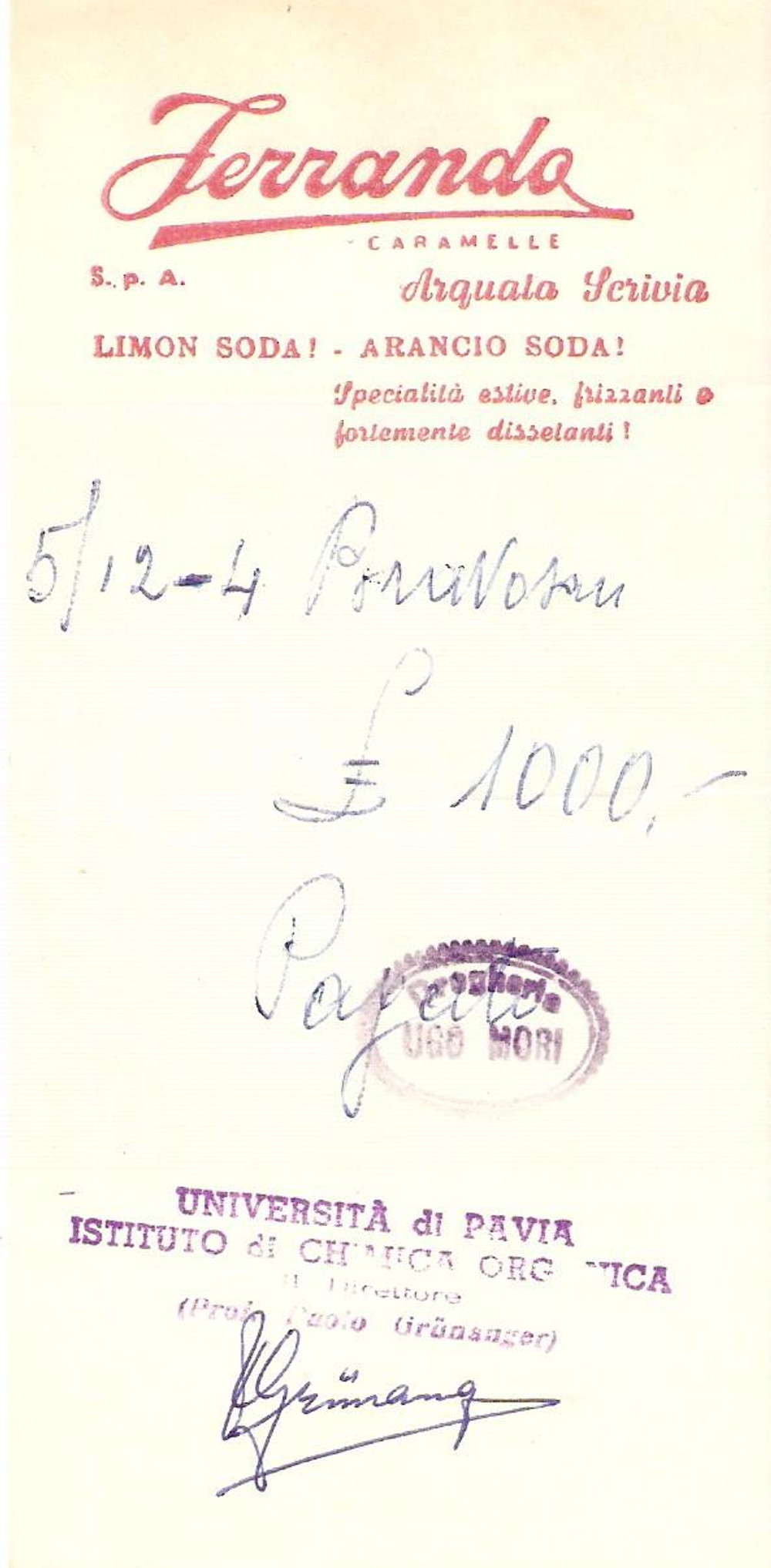 Materiale pubblicitario d’epoca 1965 ca PAVIA Drogheria Ugo MORI Caramelle FERRANDO Limon soda Ricevuta 7x16 1