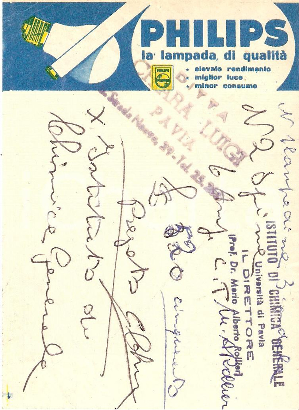 Materiale pubblicitario d’epoca 1965 ca PAVIA Ditta Luigi CHIARA Lampadine PHILIPS *Ricevuta ILLUSTRATA 9x13 cm 1