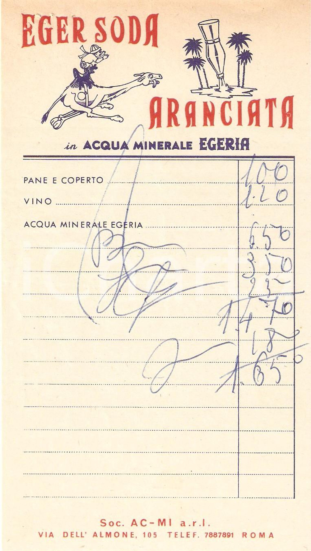 Materiale pubblicitario d’epoca 1965 ca ROMA Aranciata EGER SODA Società AC-MI *Ricevuta ILLUSTRATA 9x17 1