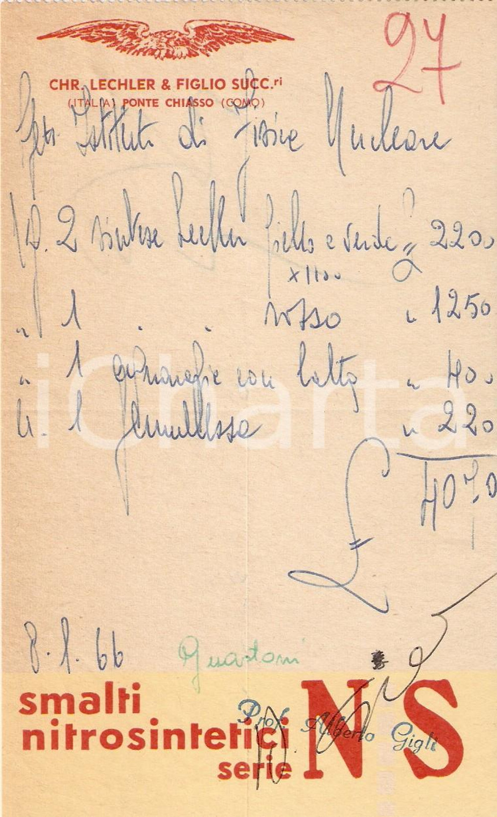 Materiale pubblicitario d’epoca 1966 PONTE CHIASSO (CO) LECHLER Smalti nitrosintetici Serie NS *Ricevuta 12x17 1