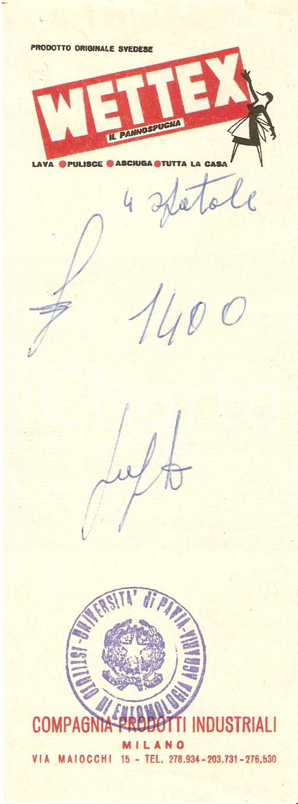 Materiale pubblicitario d’epoca 1965 ca MILANO Compagnia Prodotti Industriali WETTEX Panno spugna *Ricevuta 6x17 1