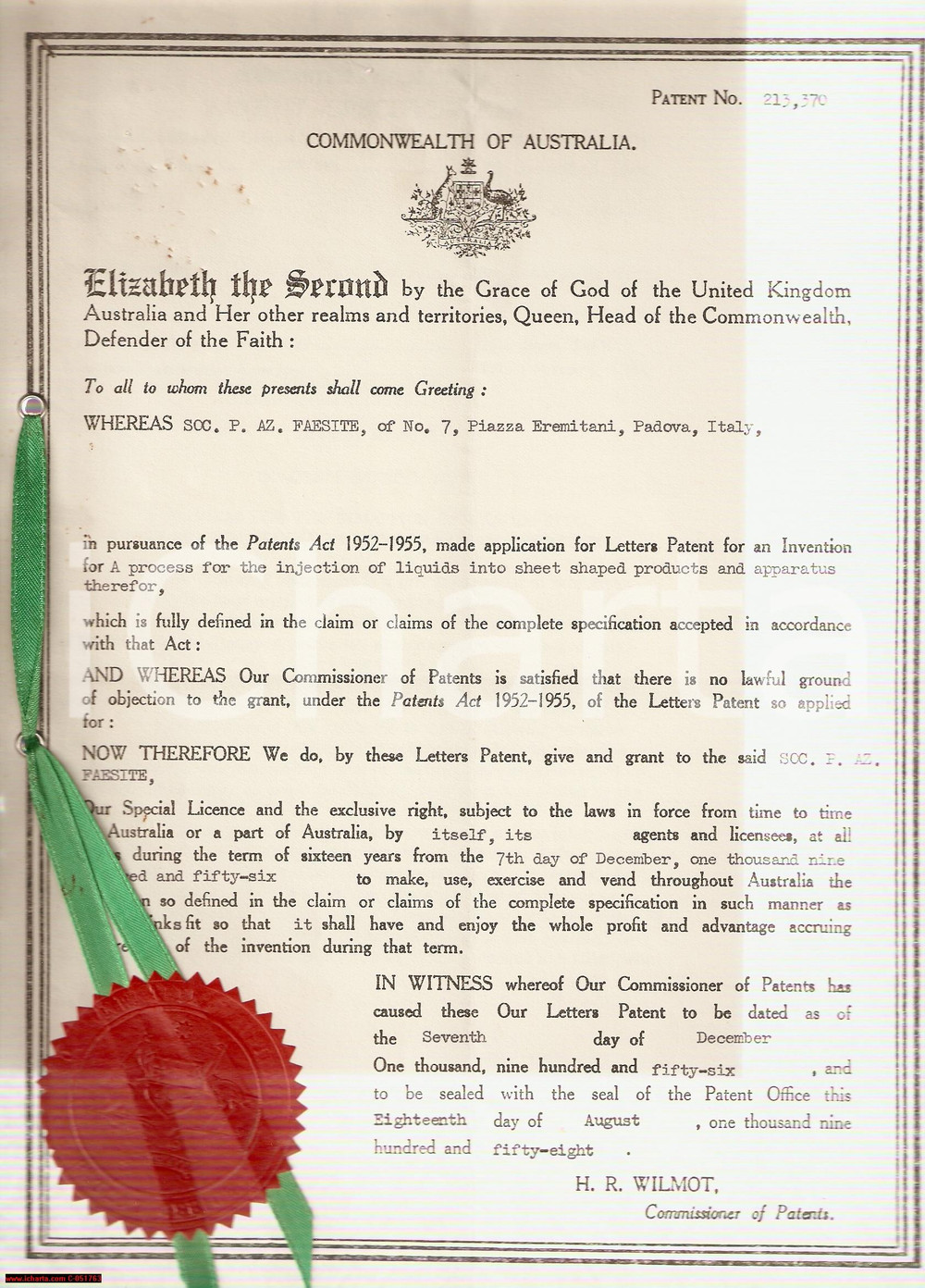 Oggetto da collezione cartaceo 1958 AUSTRALIA Brevetto FAESITE SPA PADOVA canalizzatore liquidi con disegno 2 1