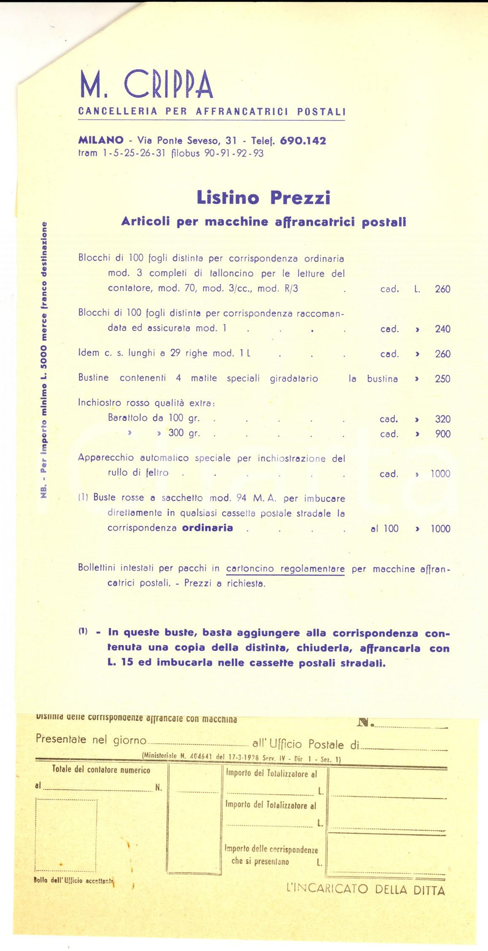 Materiale pubblicitario d’epoca 1950 ca MILANO Ditta M. CRIPPA Cancelleria  Listino affrancatrici postali 1