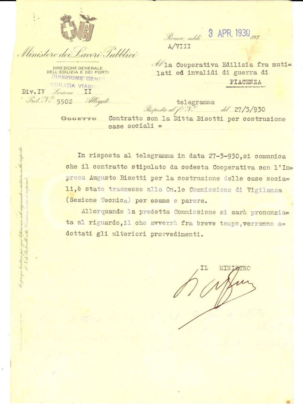 Documento originale, autentico 1930 PIACENZA Contratto con ditta Augusto BISOTTI per case sociali *Lettera 1