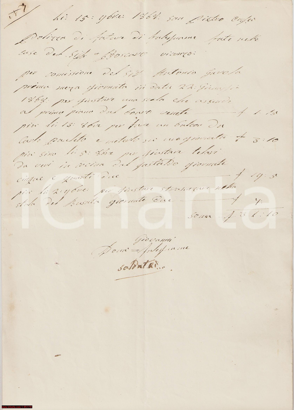 Documento originale, autentico 1868 SAN PIETRO IN GU Lavori falegname Giovanni DOCIA' 1