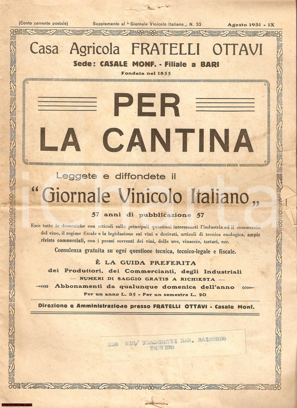 Giornale, rivista storica 1931 Fratelli OTTAVI Rivista vinicola PER LA CANTINA 1