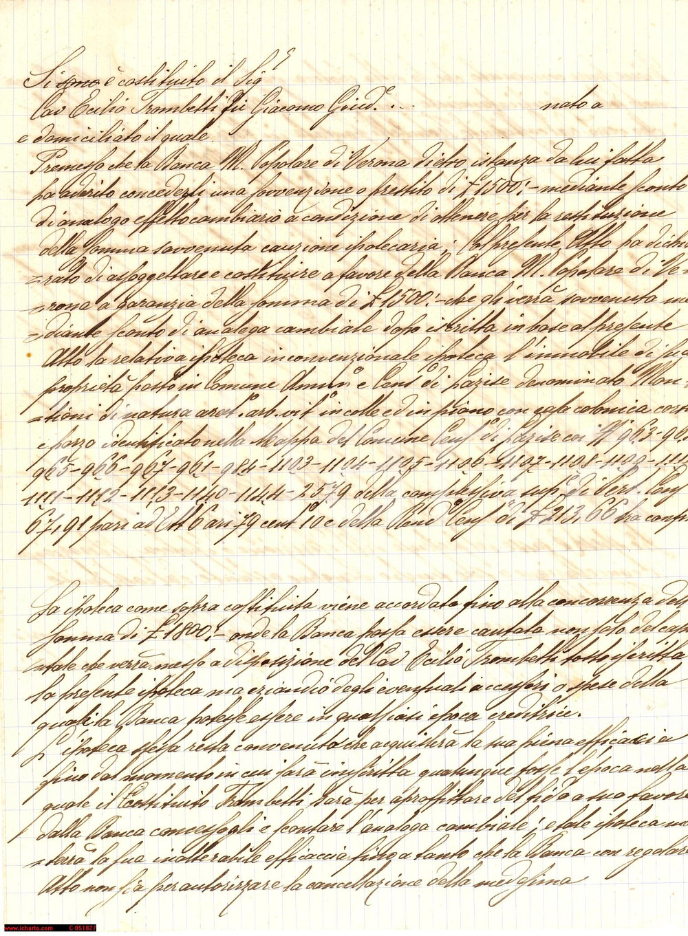 Manoscritto, lettera originale 1880 MONTIONI LAZISE VR Cavalier Ecilio TROMBETTI bozza contratto di mutuo 1