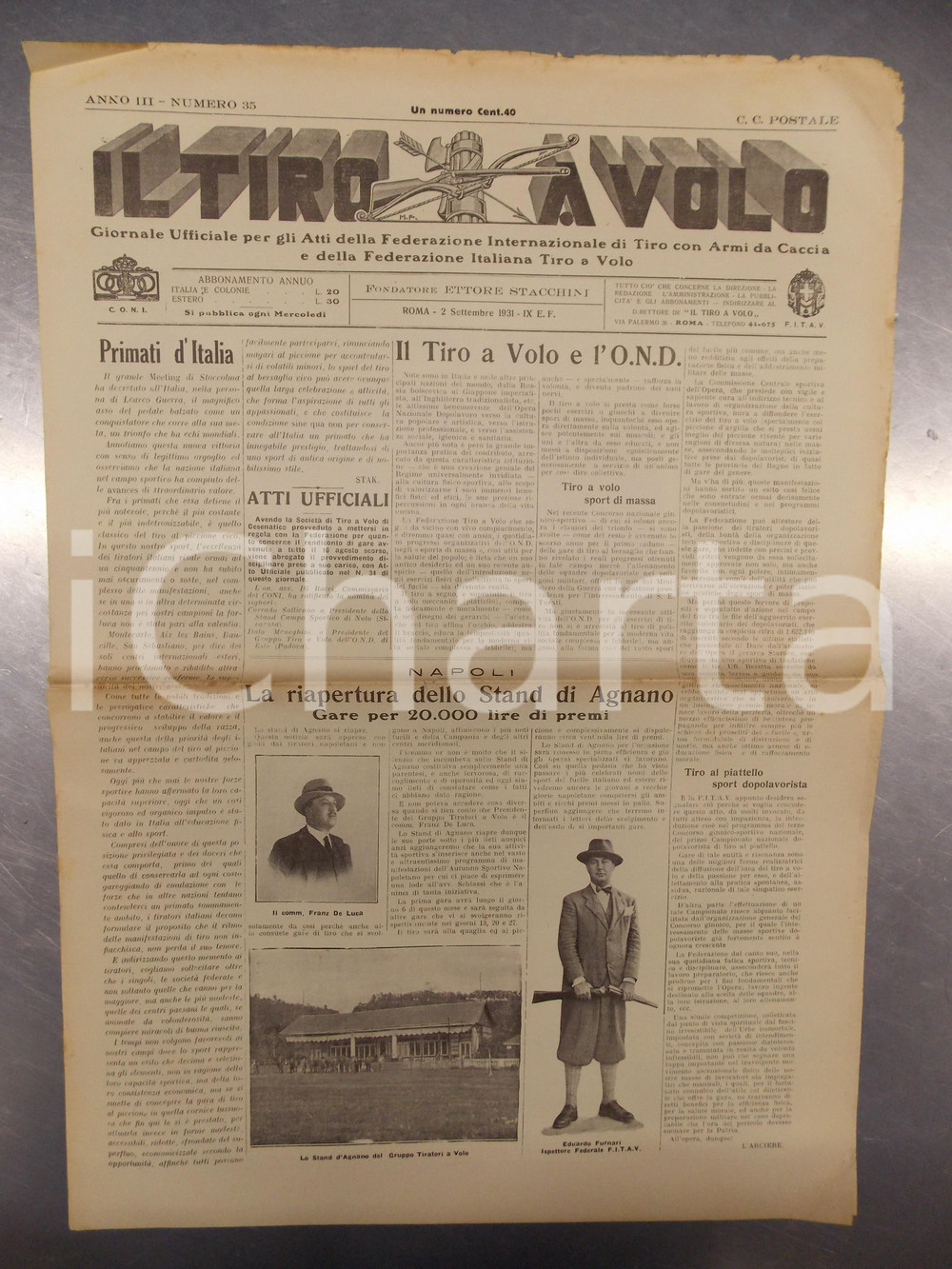 Giornale, rivista storica 1931 IL TIRO A VOLO Riapertura stand di tiro a piattello ad AGNANO Giornale 1