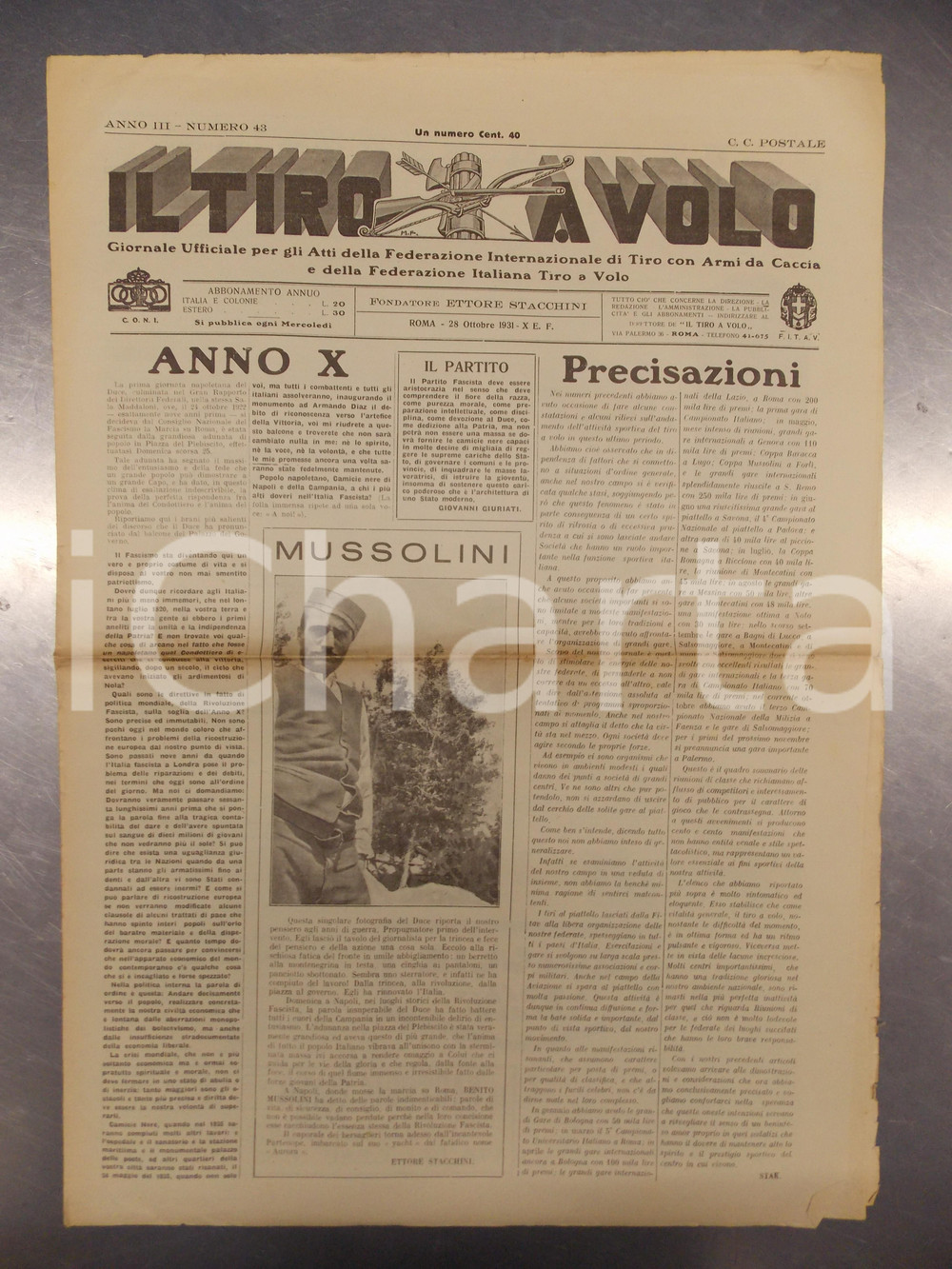 Giornale, rivista storica 1931 IL TIRO A VOLO Primo Decennale della Rivoluzione fascista *Giornale 1