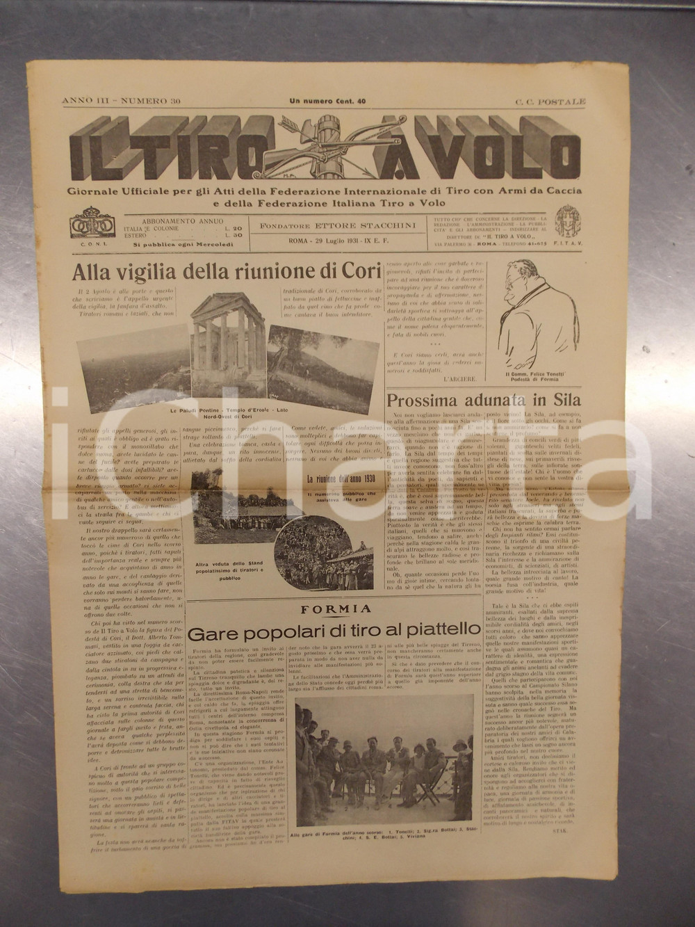 Giornale, rivista storica 1931 IL TIRO A VOLO I campionati di tiro al piattello di CORI *Giornale 1