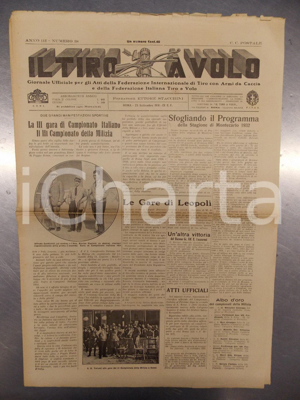 Giornale, rivista storica 1931 IL TIRO A VOLO I campionati di tiro al piattello di SALSOMAGGIORE Giornale 1