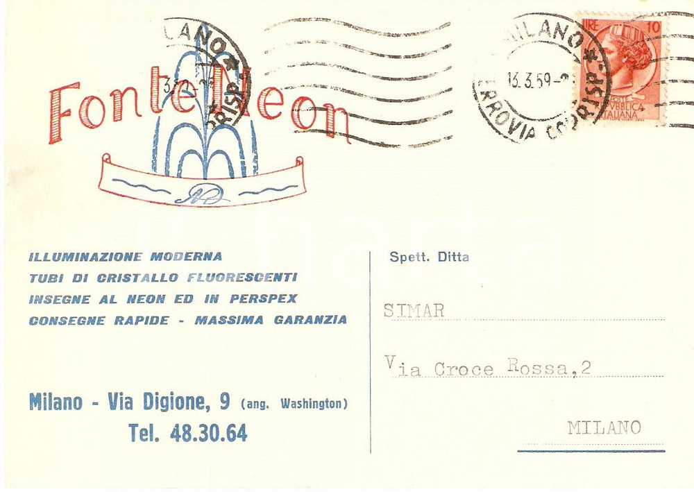 Cartolina originale da collezione 1959 MILANO Via Digione 9 Fiera campionaria FONTE NEON propone insegne Cartolina 1