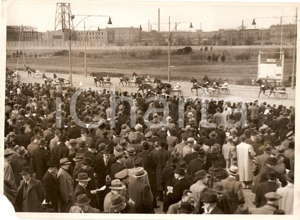 Fotografia d'epoca originale 1940 ca BERLIN RUHLEBEN Ippica Passaggio della corsa sui sulky *Foto DANNEGGIATA 1
