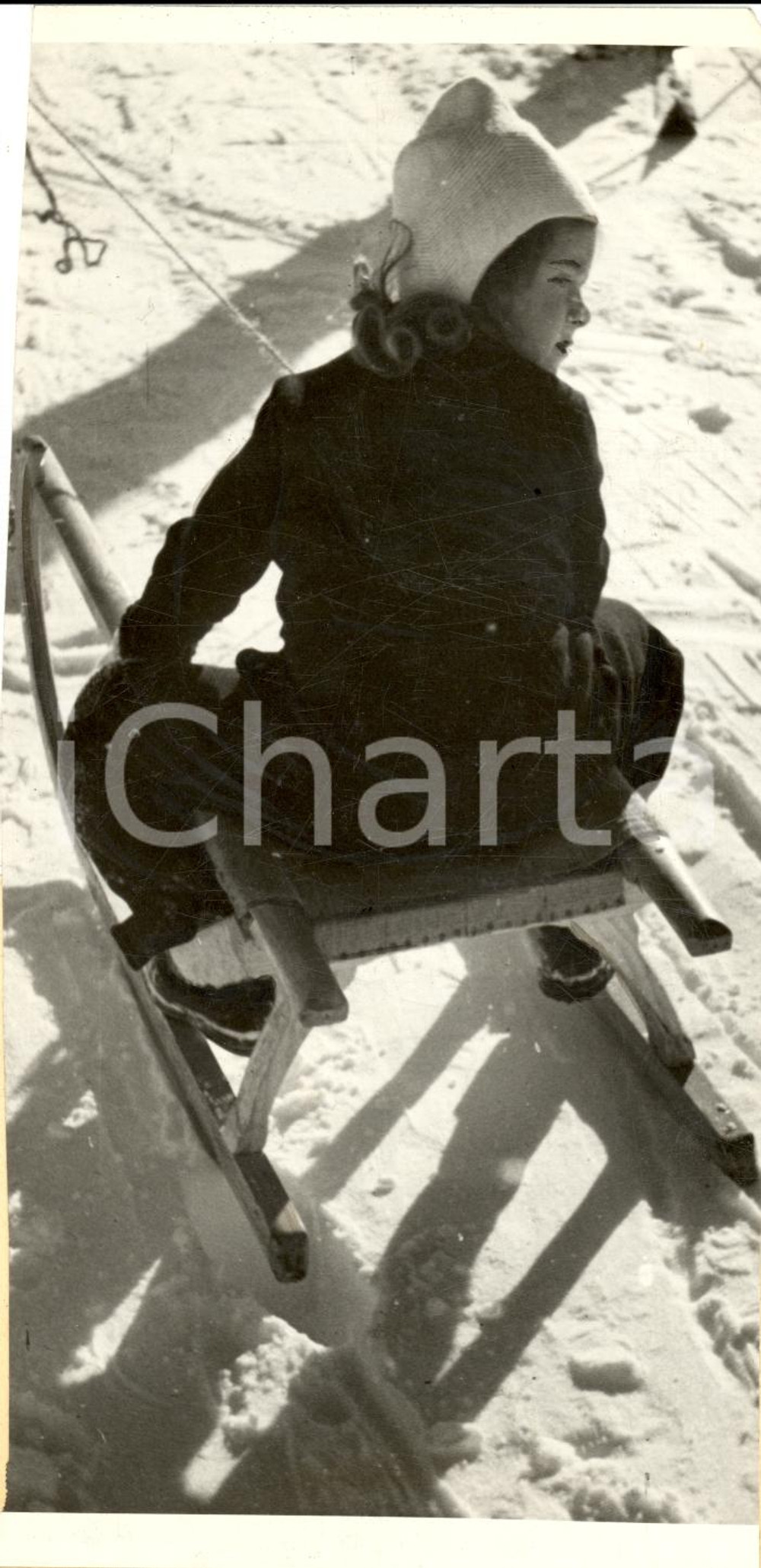 Fotografia d'epoca originale 1939 CORTINA Primi passi sulla neve bimba in slittino 1