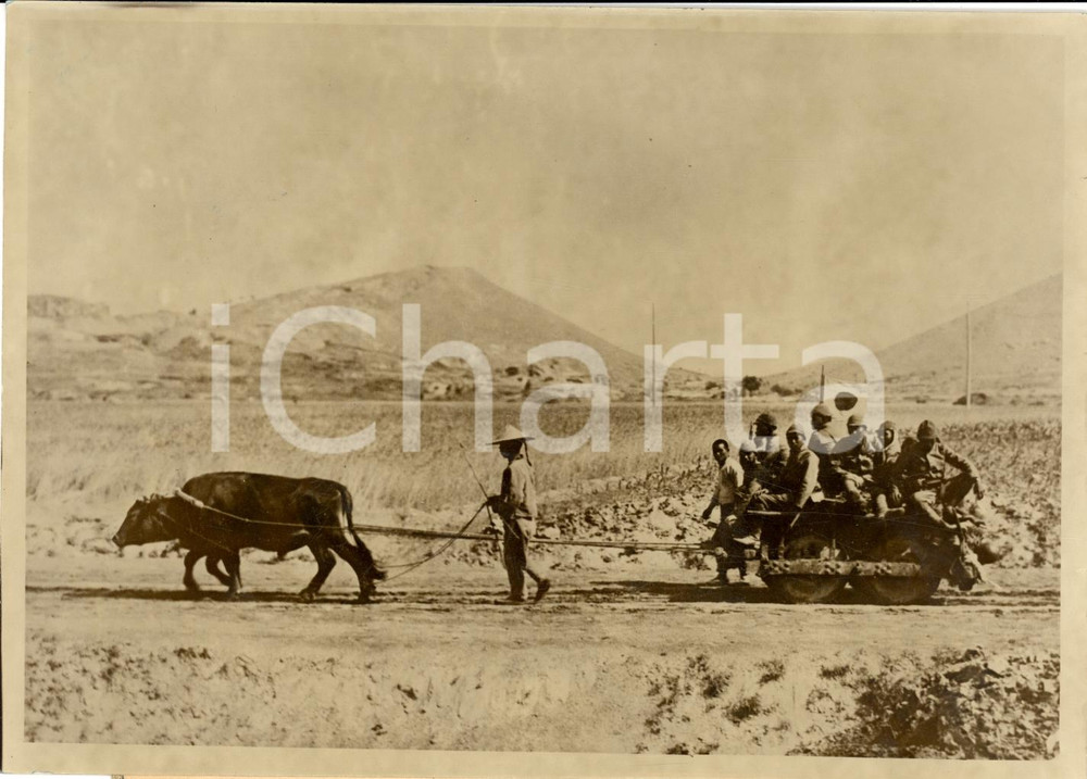 Fotografia d'epoca originale 1938 CINA DEL NORD Giapponesi su carri trainati da buoi 1