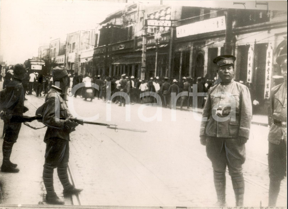 Fotografia d epoca originale 1939 TIENTSIN CINA Soldati giapponesi al confine Concessione Inglese Foto 1