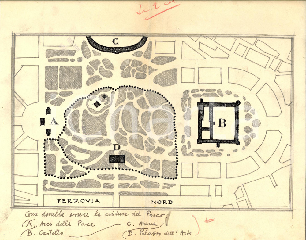 Stampa, bozzetto originale 1931 MILANO Progetto cancellata Parco Sempione, disegno 1