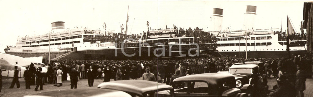 Fotografia d epoca originale 1935 NAPOLI Partenza pir. PIEMONTE e BIANCAMANO con soldati Div.  3 Febbraio 1