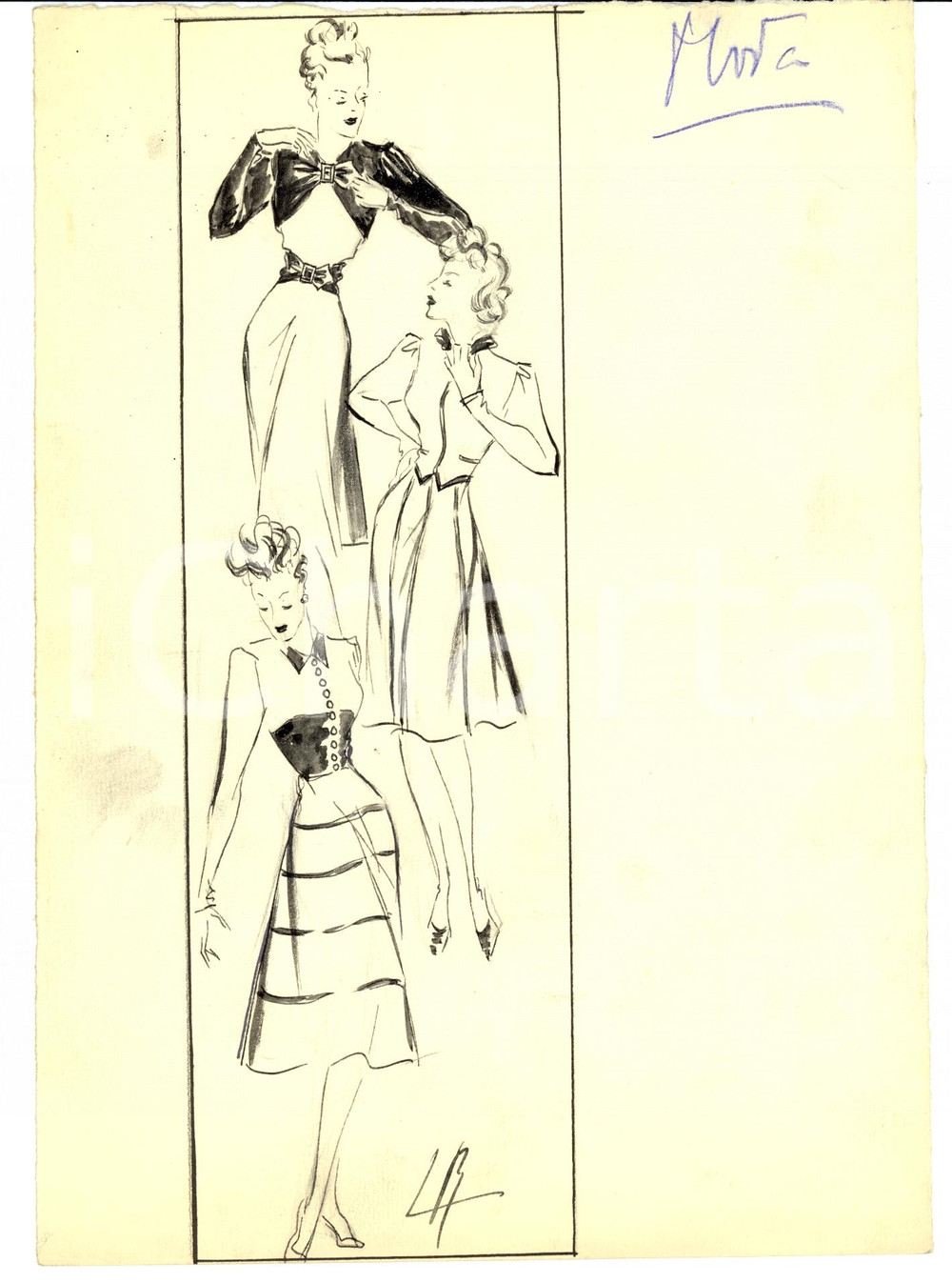 Stampa, bozzetto originale 1939 Moda donna ANNI  30 Abiti da giorno AUTOGRAFO 1